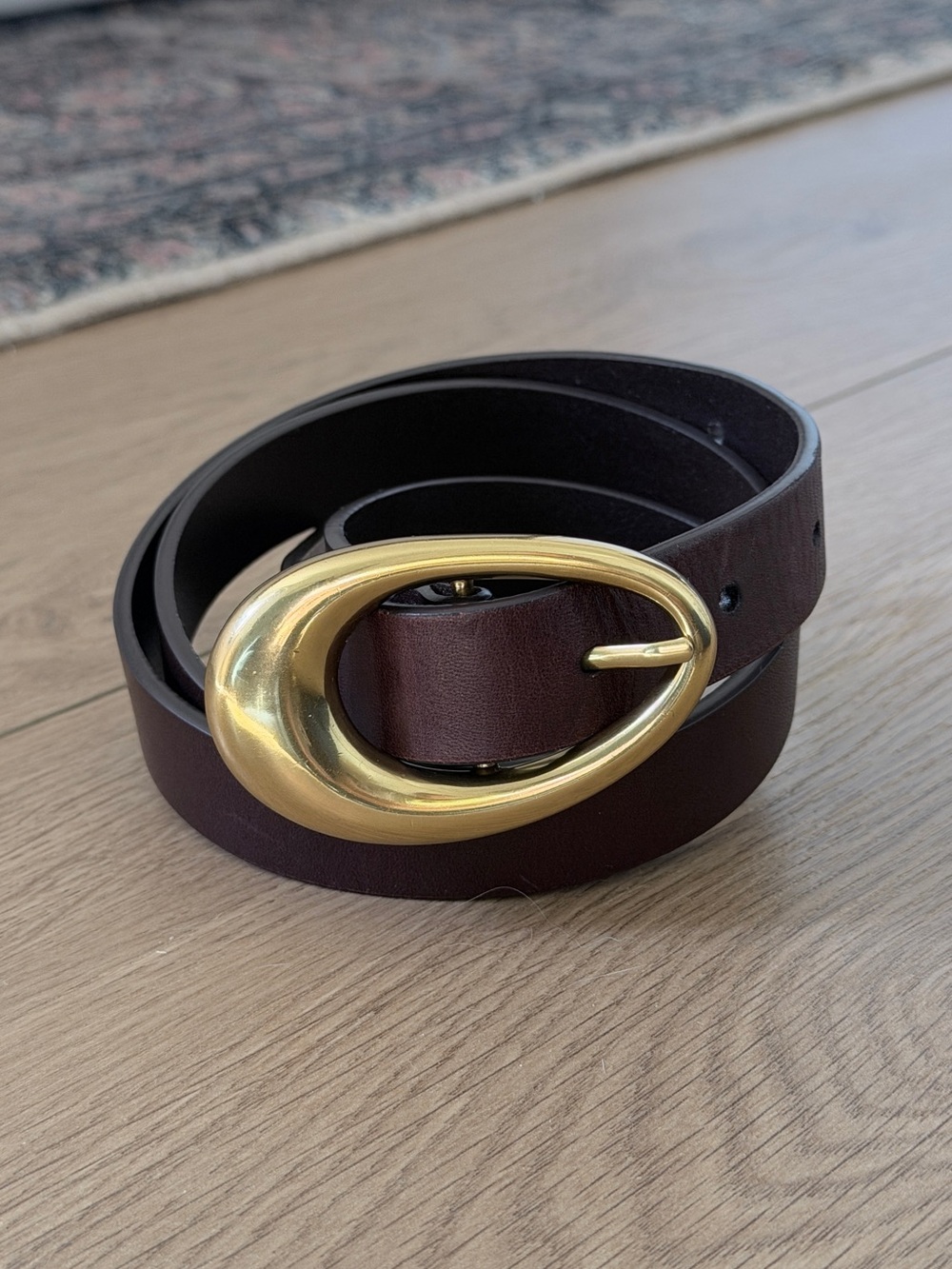NEW Aritzia Dark Brown Leather Belt with Gold Oval Buckle